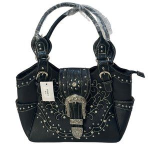 (8-209) Brand New w/Tag Black Leather-Like Western Shoulder Handbag